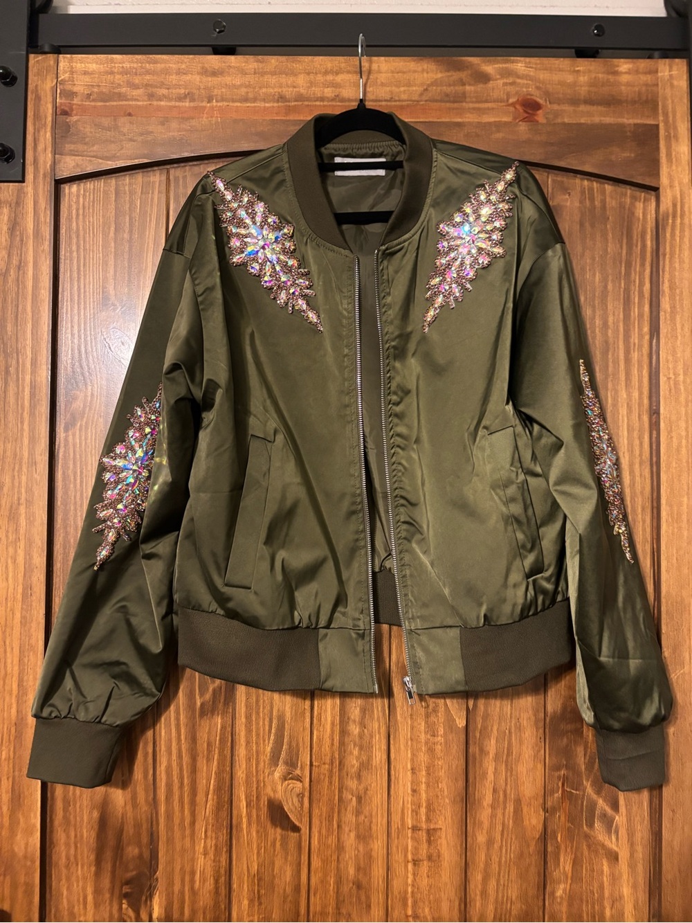 Embellished Olive Green Bomber Jacket - Women